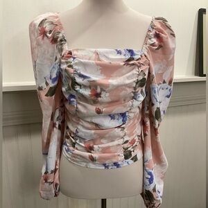 Express Floral Ruched Puff Sleeve Crop Blouse NWT Romantic Cottagecore Top Small